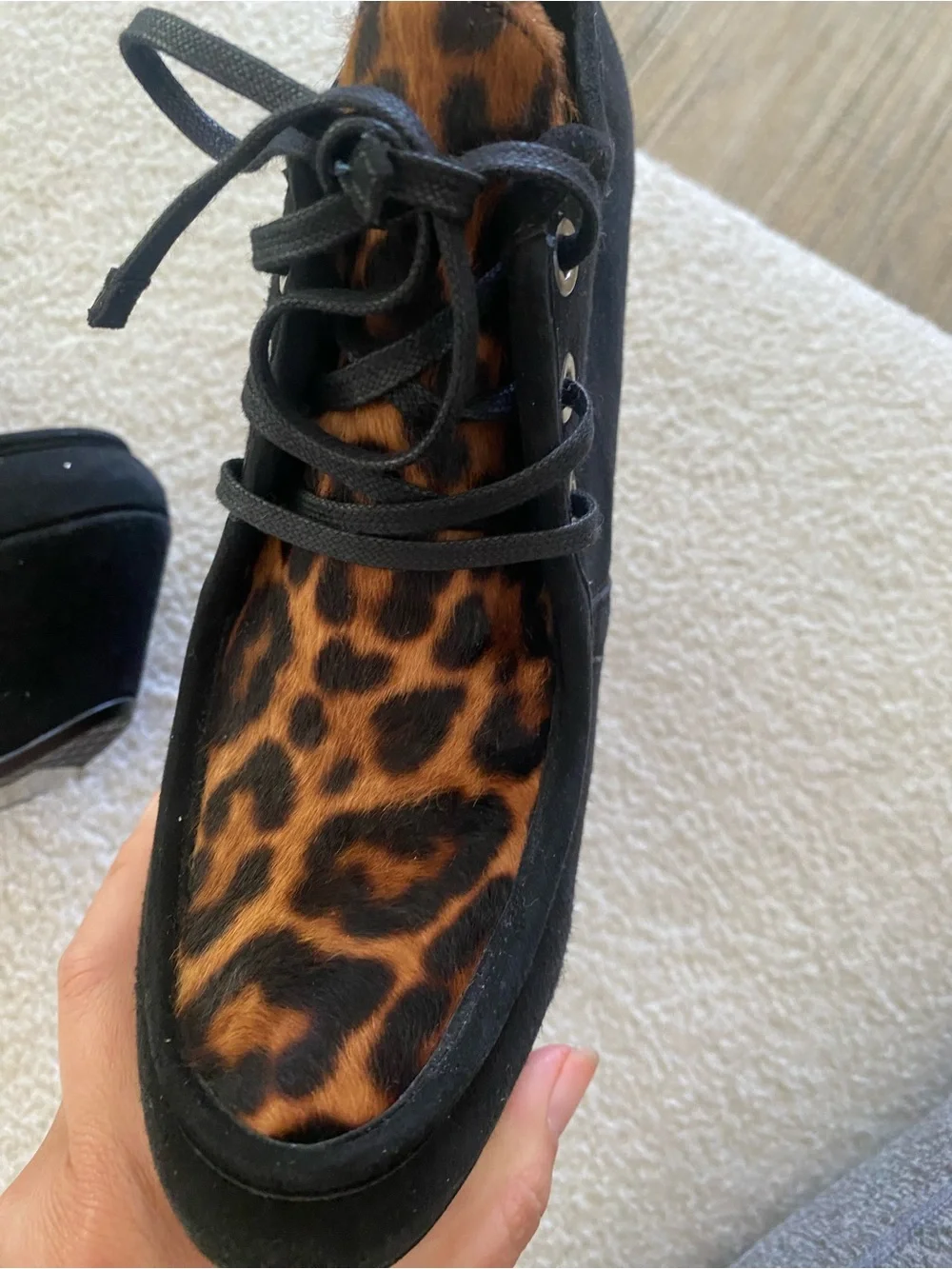 Stuart Weitzman Black Suede Platform Wedges with Leopard Accent